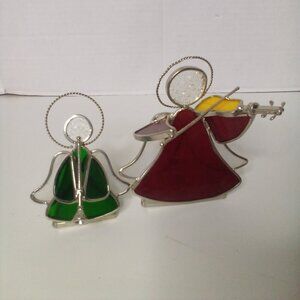 Stained Glass Angel Tea Light Candle Holders Musical Horn Violin Red Green